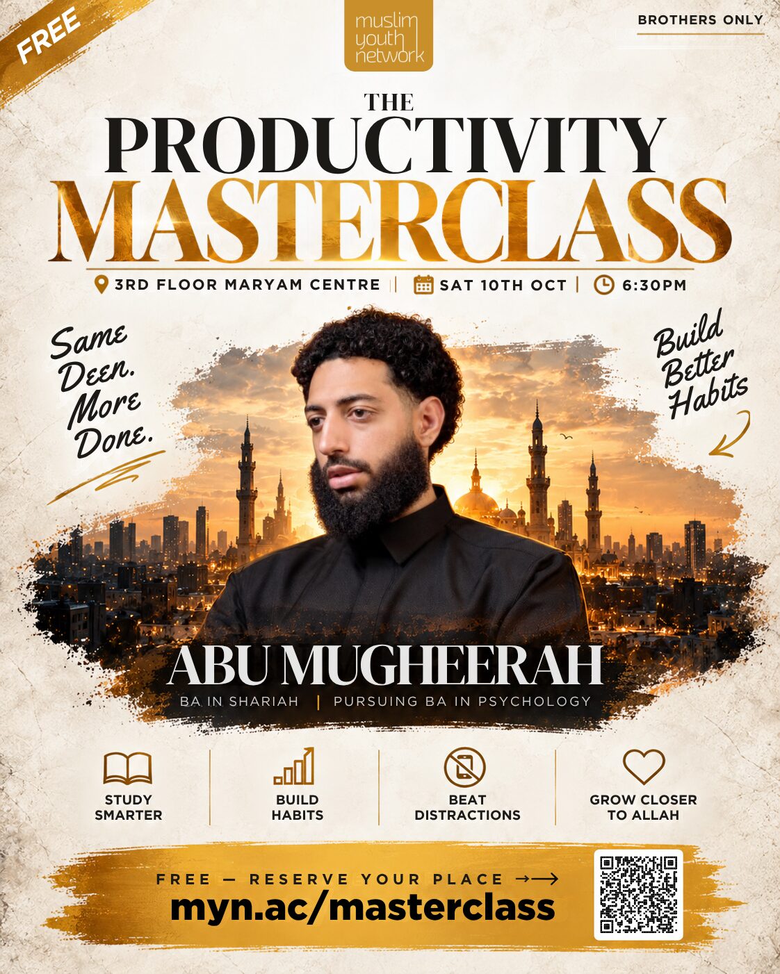 The Productivity Masterclass event poster featuring Abu Mugheerah, presented by Muslim Youth Network